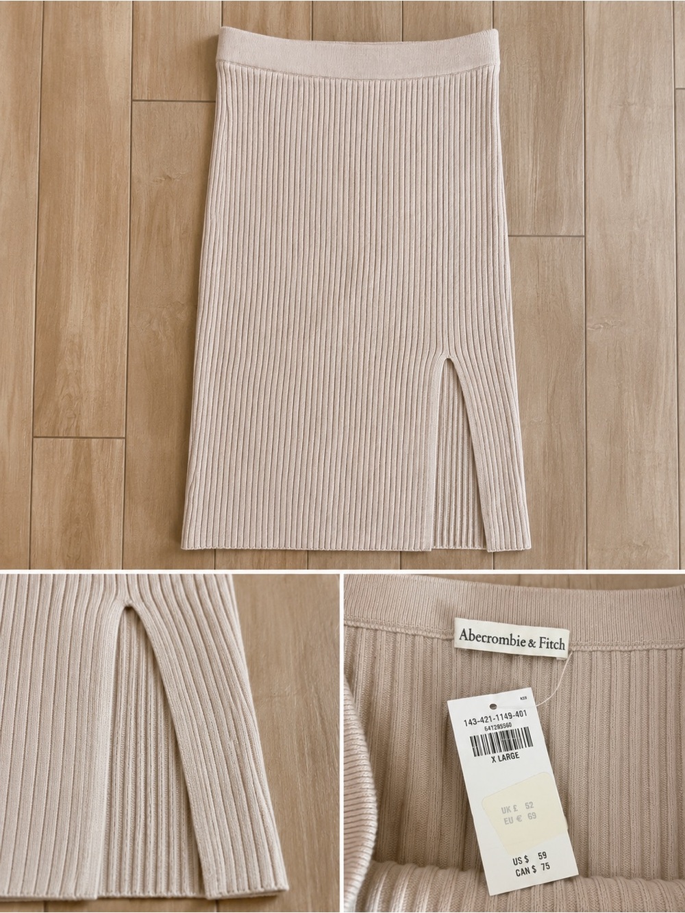 Abercrombie & Fitch Ribbed Cream Midi Pencil Skirt with Front Slit